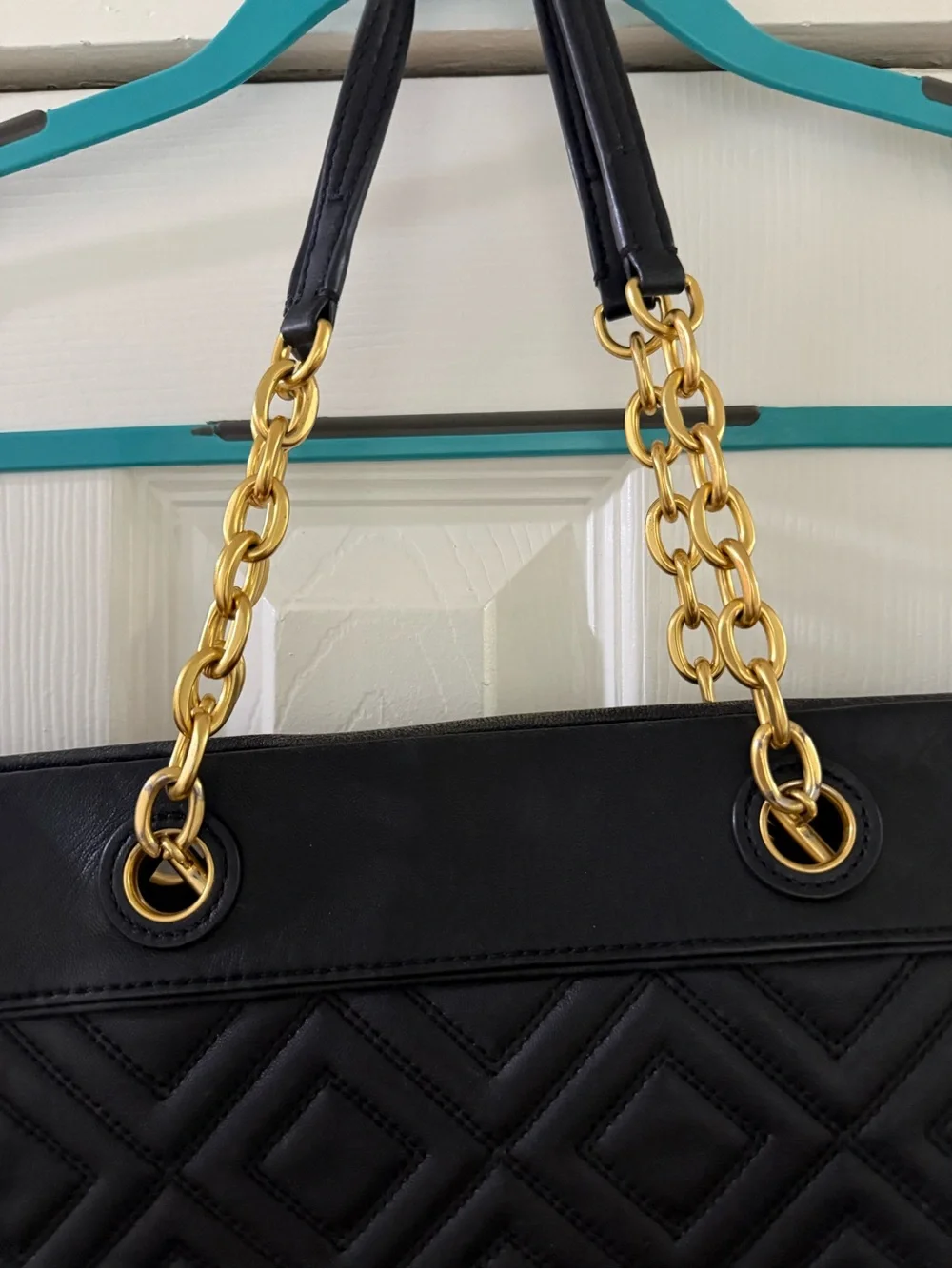 Tory Burch Black Quilted Leather Tote with Gold Chain Straps